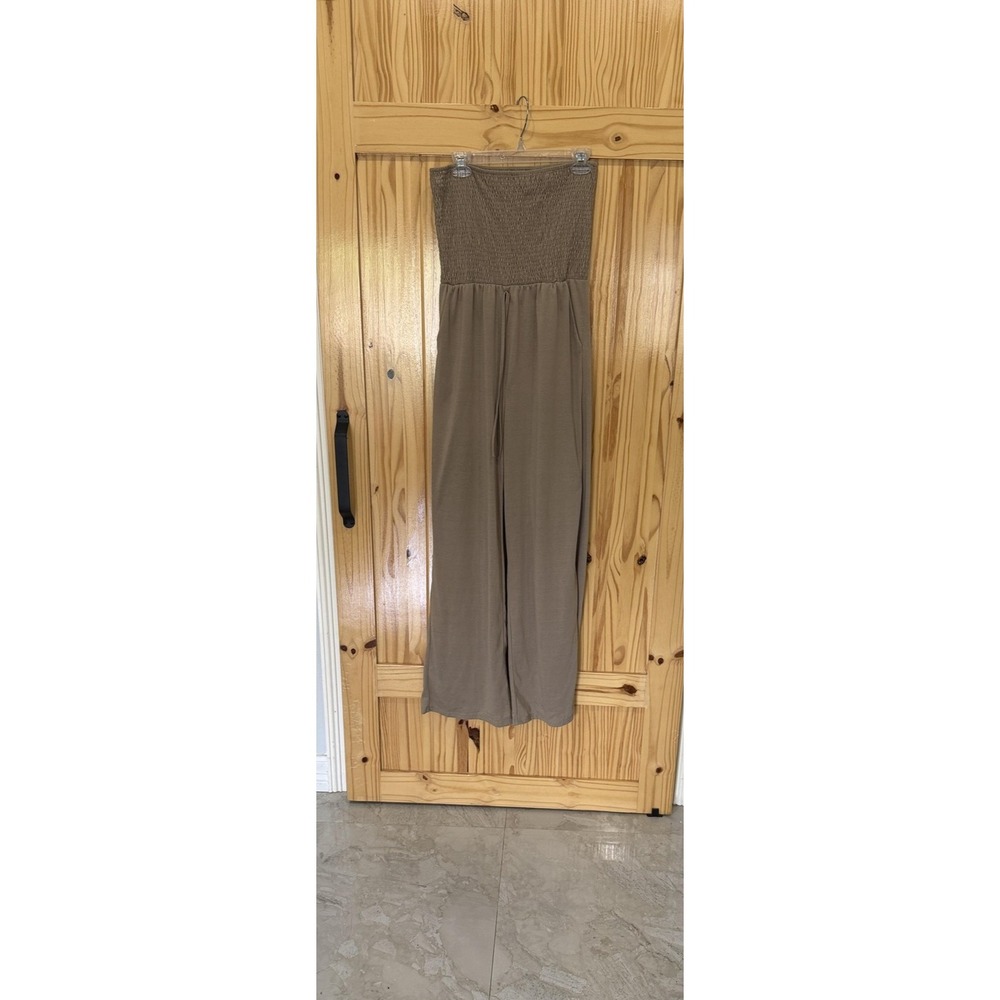 Pants Womens Large Beige Wide Leg Smocked Waist Jersey Lounge Sweatpants Pockets